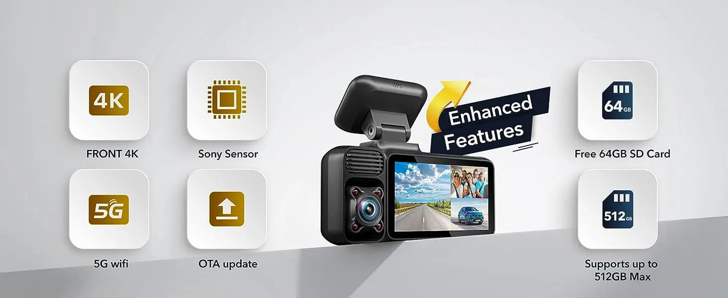 REDTIGER F17 3-Way 4K Dash Cam with IR Night Vision, 5.8GHz WiFi & Built-In GPS