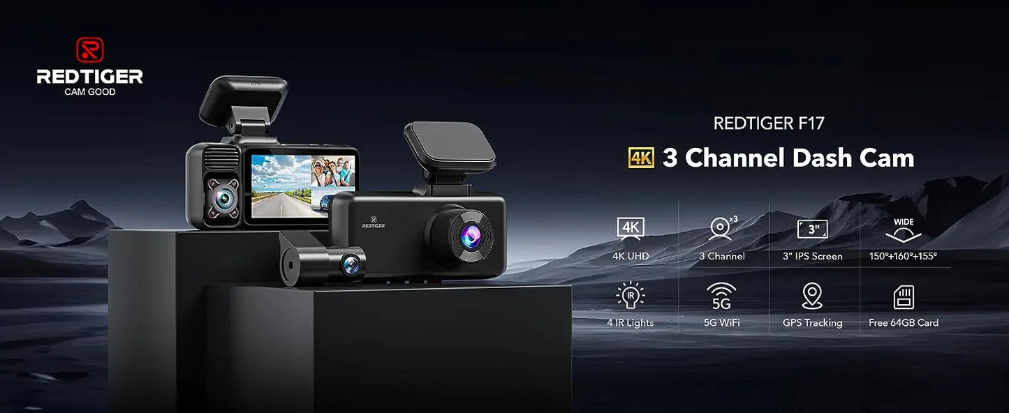 REDTIGER F17 3-Way 4K Dash Cam with IR Night Vision, 5.8GHz WiFi & Built-In GPS