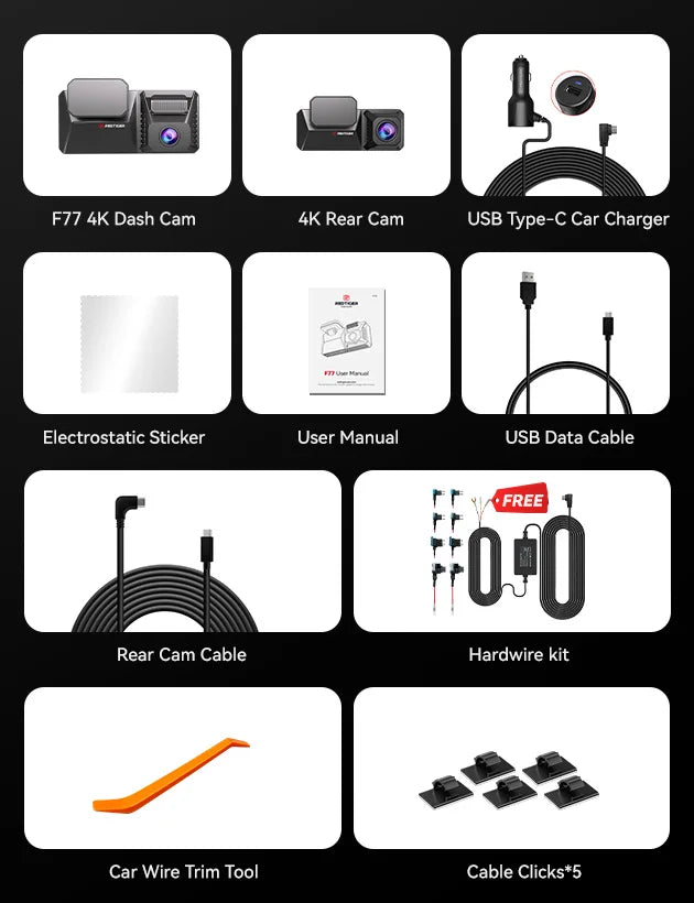 REDTIGER F77 4K+4K Dual Dash Cam with Night Vision & WiFi