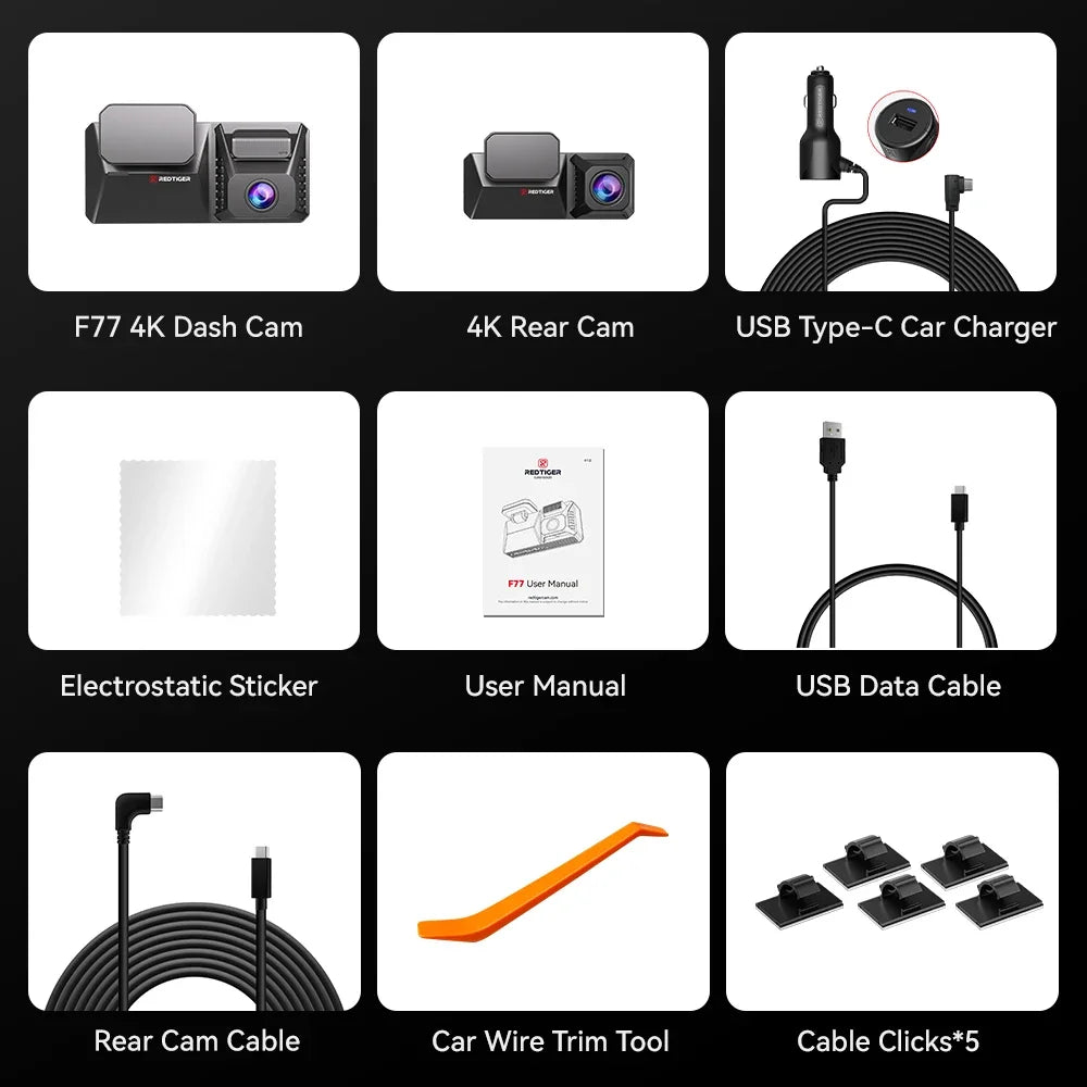 REDTIGER F77 4K+4K Dual Dash Cam with Night Vision & WiFi