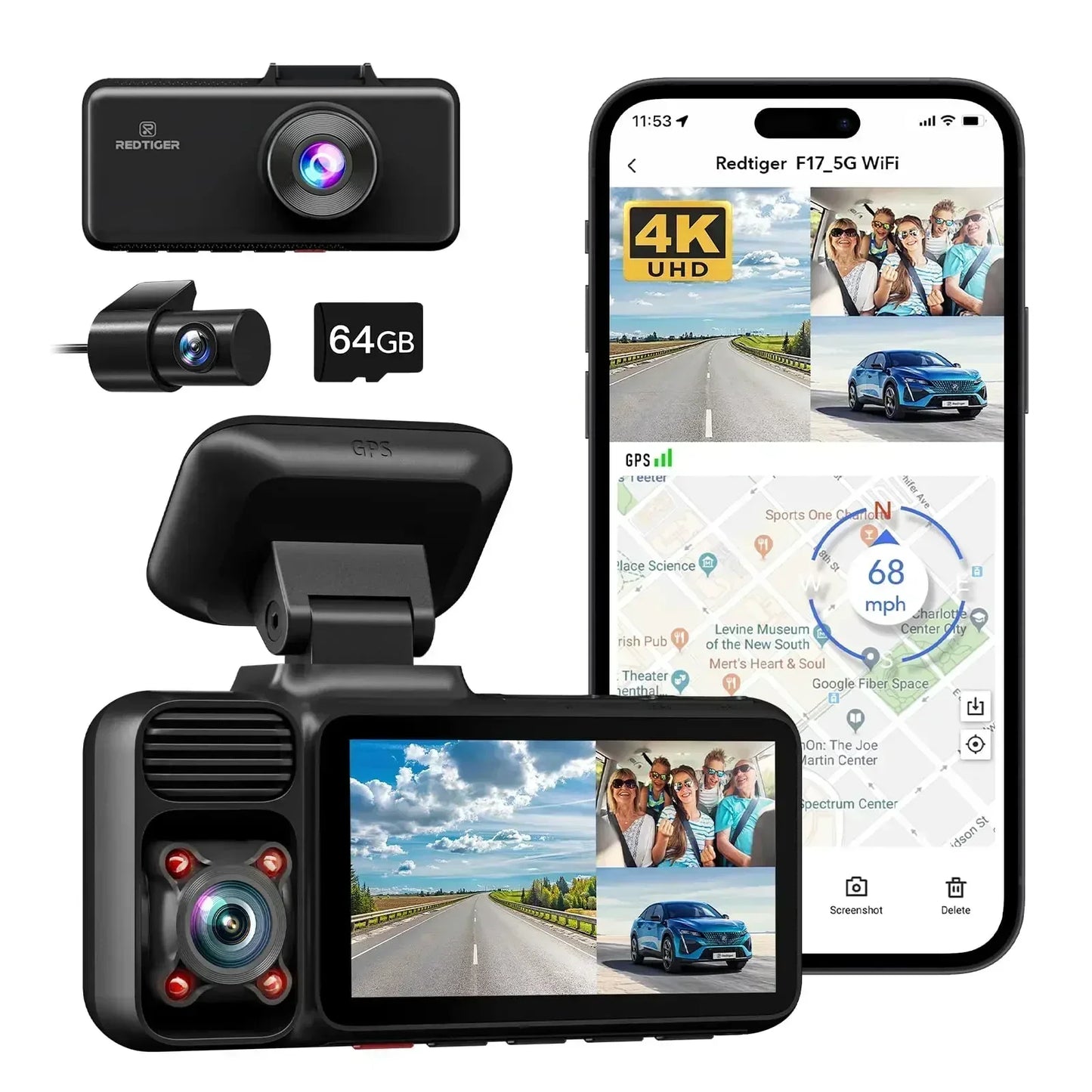 REDTIGER F17 3-Way 4K Dash Cam with IR Night Vision, 5.8GHz WiFi & Built-In GPS