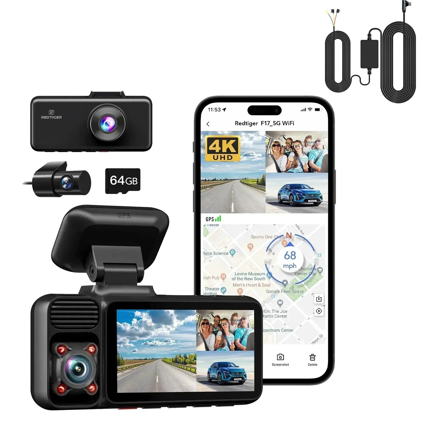 REDTIGER F17 3-Way 4K Dash Cam with IR Night Vision, 5.8GHz WiFi & Built-In GPS