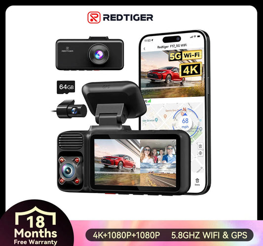 REDTIGER F17 3-Way 4K Dash Cam with IR Night Vision, 5.8GHz WiFi & Built-In GPS