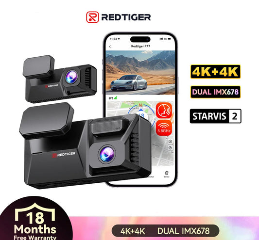 REDTIGER F77 4K+4K Dual Dash Cam with Night Vision & WiFi